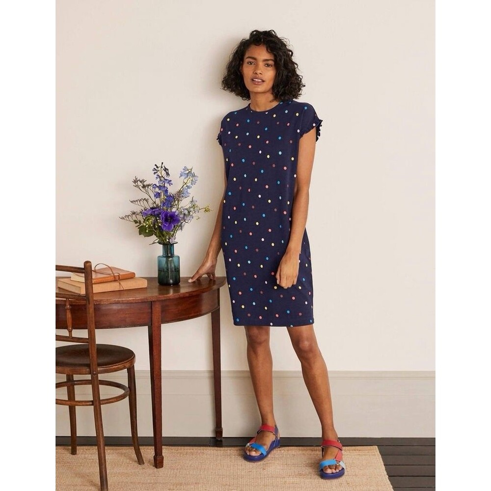 Boden Faye Jersey T-Shirt Dress Women’s Size 8R Blue Polka Dot Multicolor J0900